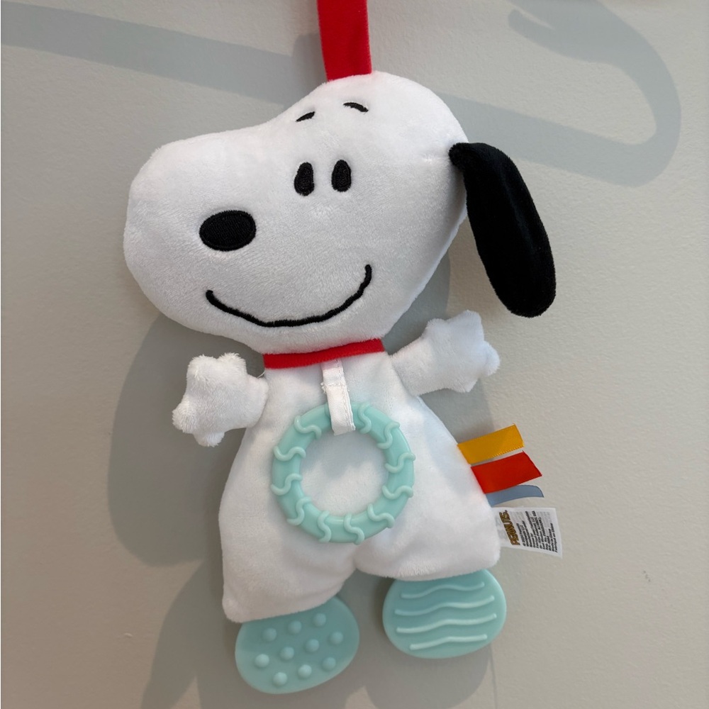 Peanuts Teething Plush in White with Black Accents and Aqua Teether